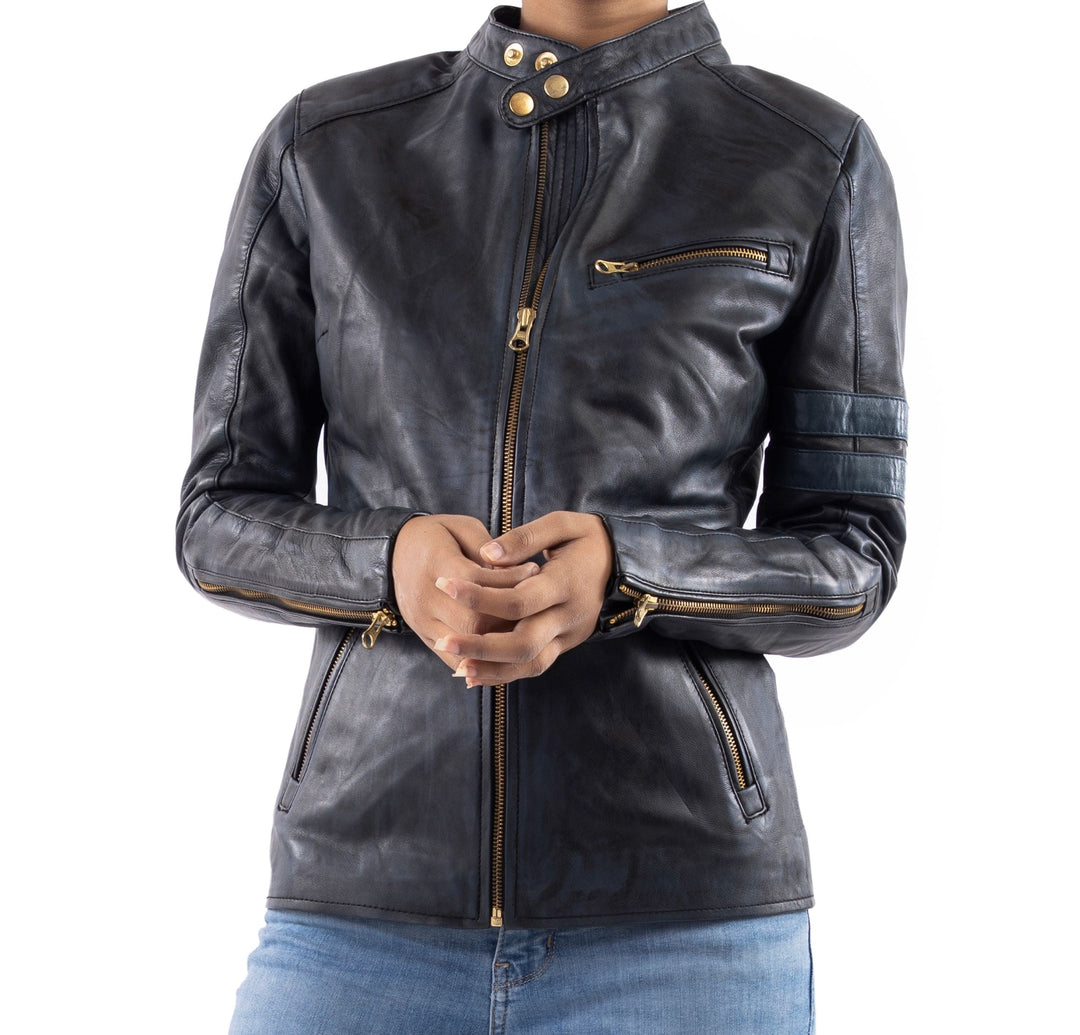 Vintage Leather Jacket Women Blue