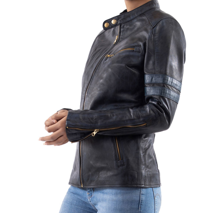 Vintage Leather Jacket Women Blue