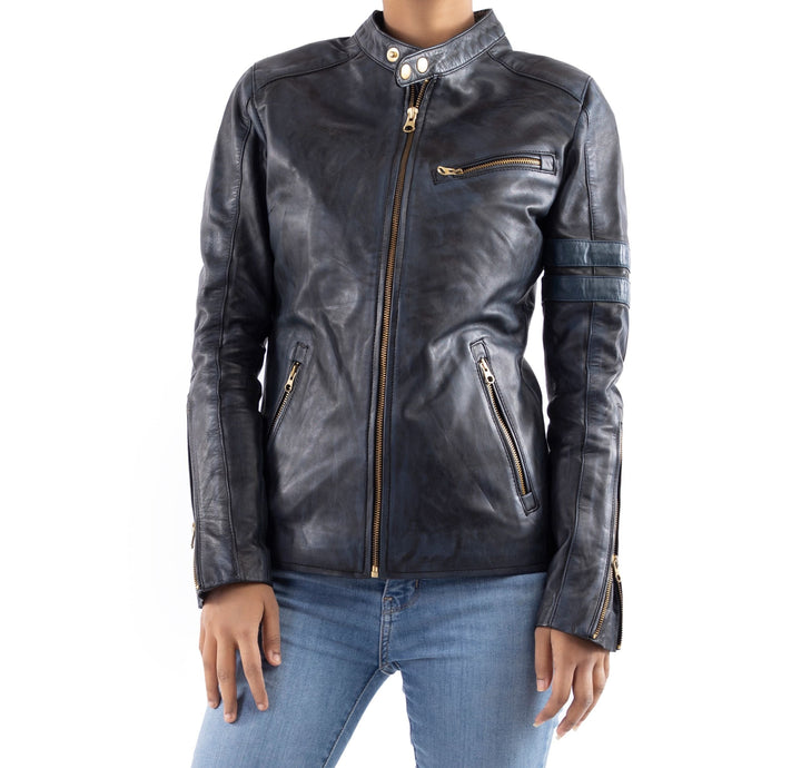 Vintage Leather Jacket Women Blue