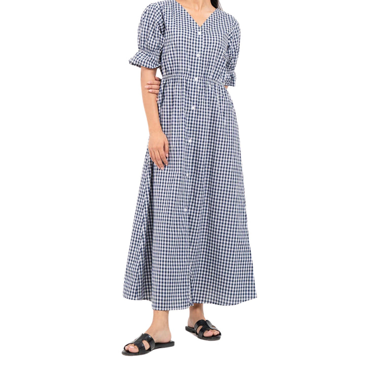 Front Button Maxi Dress Blue White Gingham Check