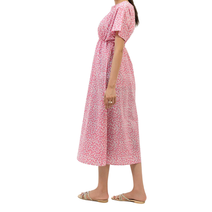 Elastic Waist Dress Pink White Printed