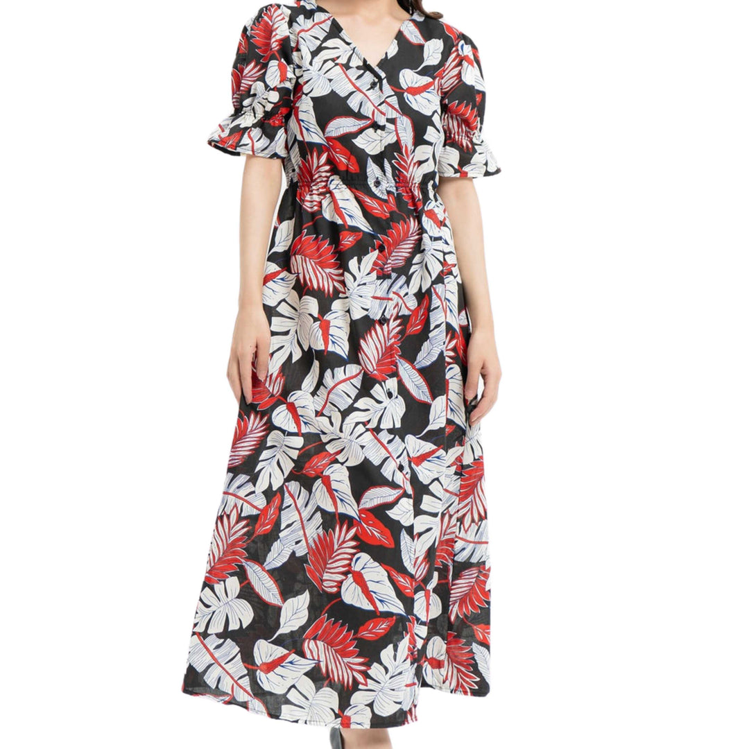 Condition Front Button Maxi Dress Red Black Printed