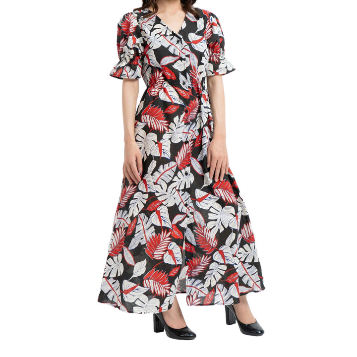 Condition Front Button Maxi Dress Red Black Printed