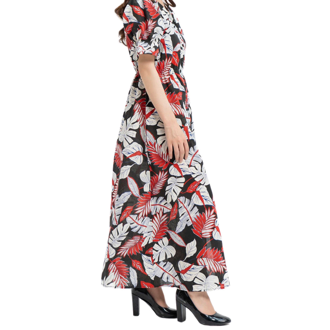 Condition Front Button Maxi Dress Red Black Printed