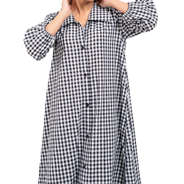 Collared Puff Sleeve Dress Black White Gingham Check