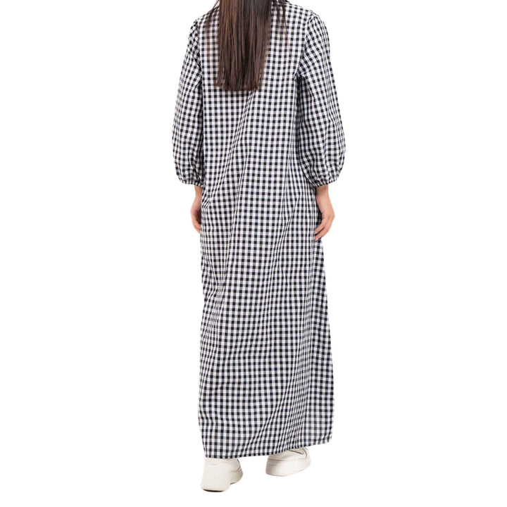 Collared Puff Sleeve Dress Black White Gingham Check