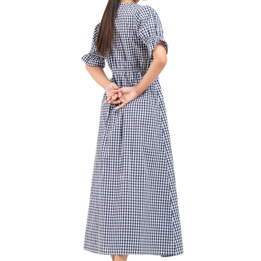 Front Button Maxi Dress Blue White Gingham Check