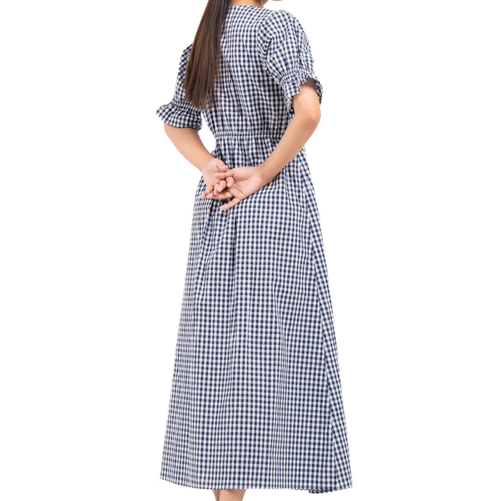 Front Button Maxi Dress Blue White Gingham Check