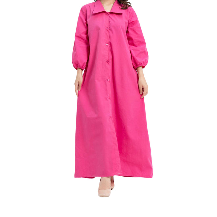 Collared Puff Sleeve Dress Fuchsia Pink