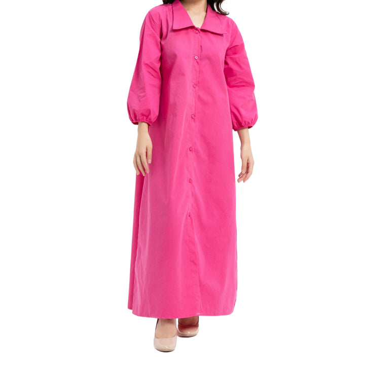 Collared Puff Sleeve Dress Fuchsia Pink