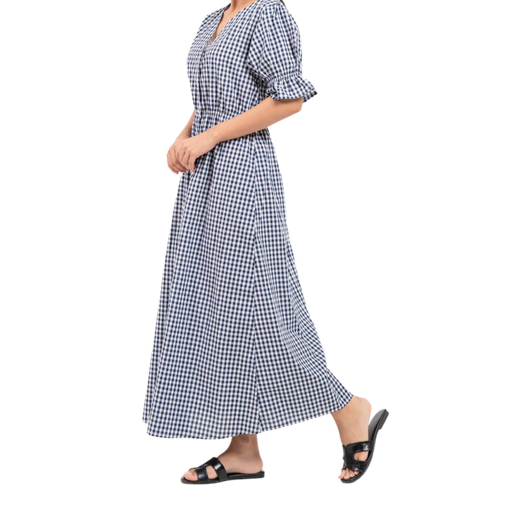 Front Button Maxi Dress Blue White Gingham Check