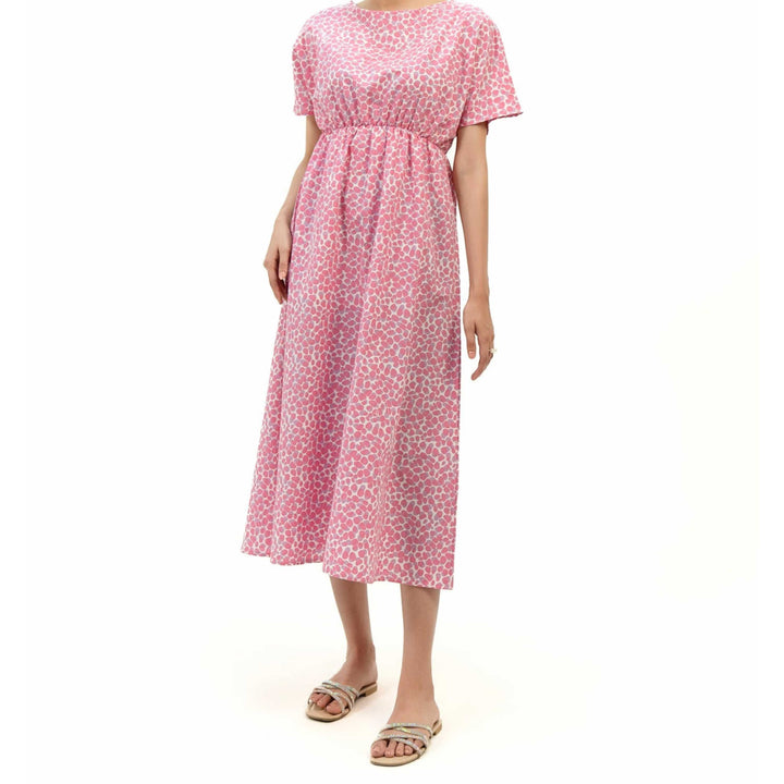 Elastic Waist Dress Pink White Printed