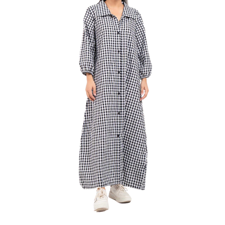 Collared Puff Sleeve Dress Black White Gingham Check