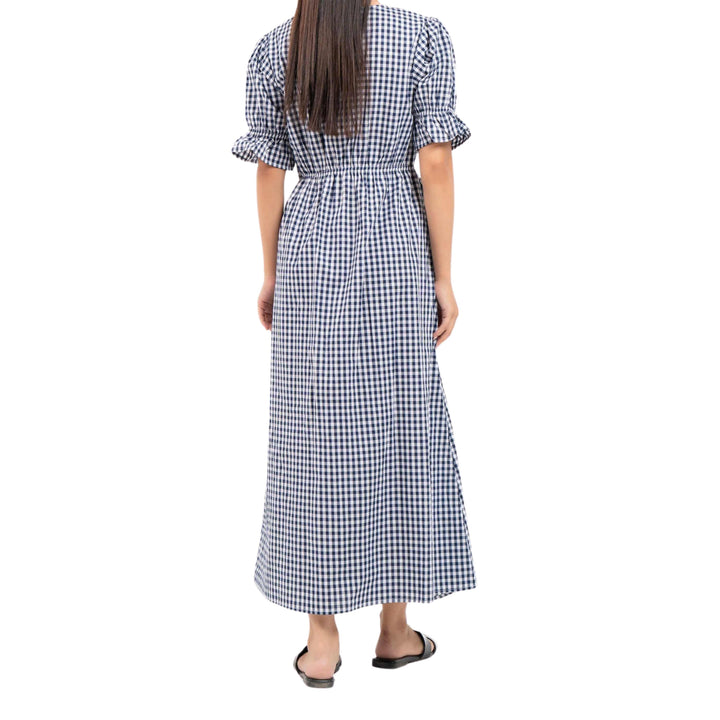 Front Button Maxi Dress Blue White Gingham Check