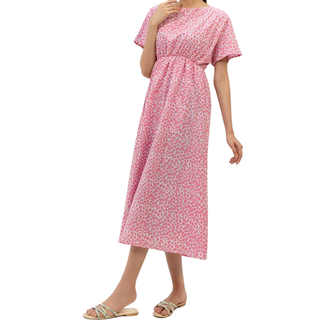 Elastic Waist Dress Pink White Printed