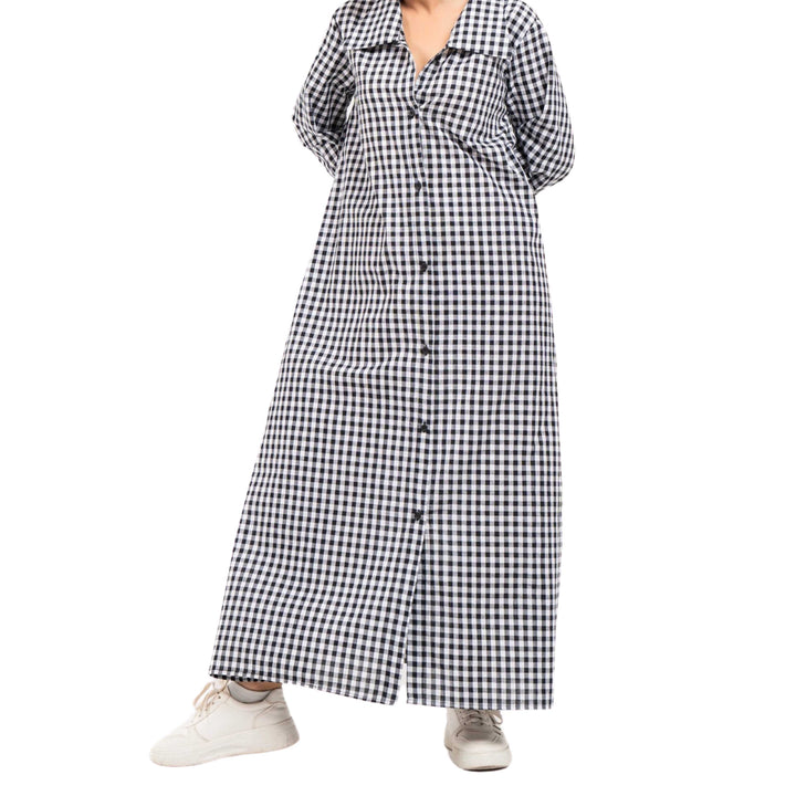 Collared Puff Sleeve Dress Black White Gingham Check