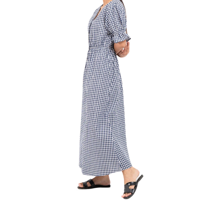 Front Button Maxi Dress Blue White Gingham Check