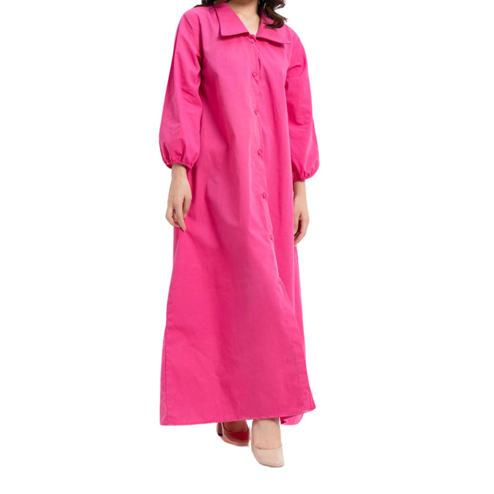 Collared Puff Sleeve Dress Fuchsia Pink