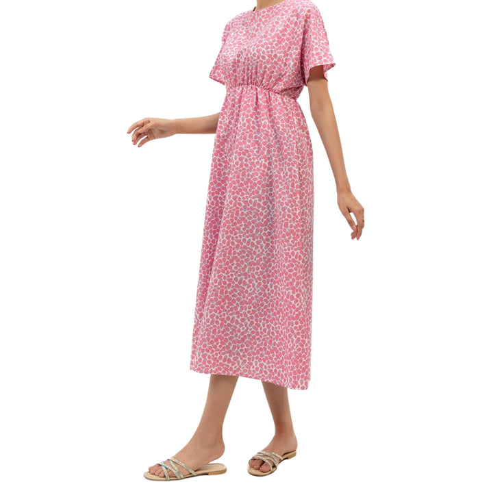 Elastic Waist Dress Pink White Printed