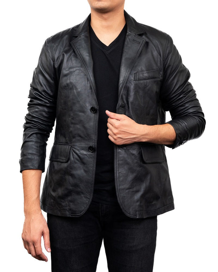 2 Button Men Lambskin Leather Blazer Black