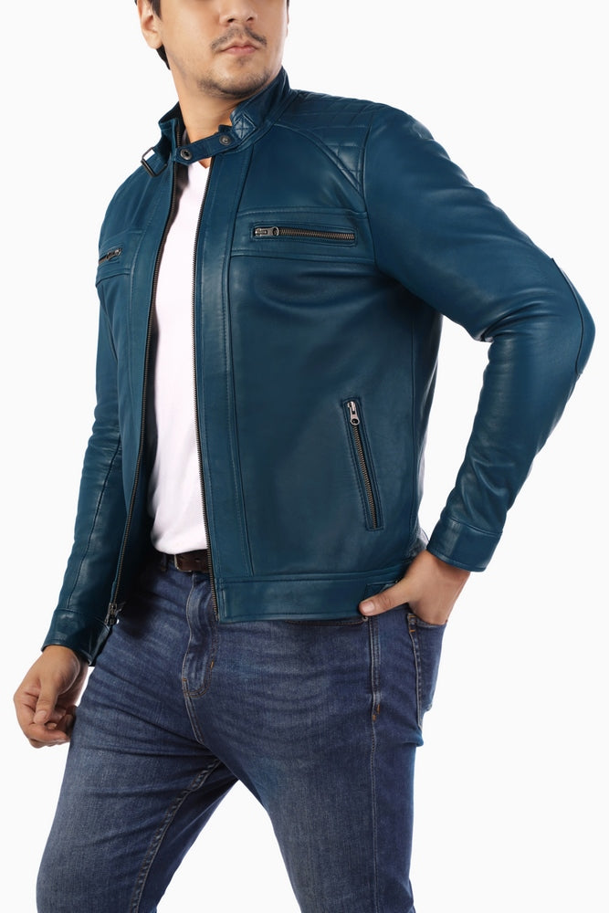 Men's Casual Signature Diamond Lambskin Leather Jacket Blue