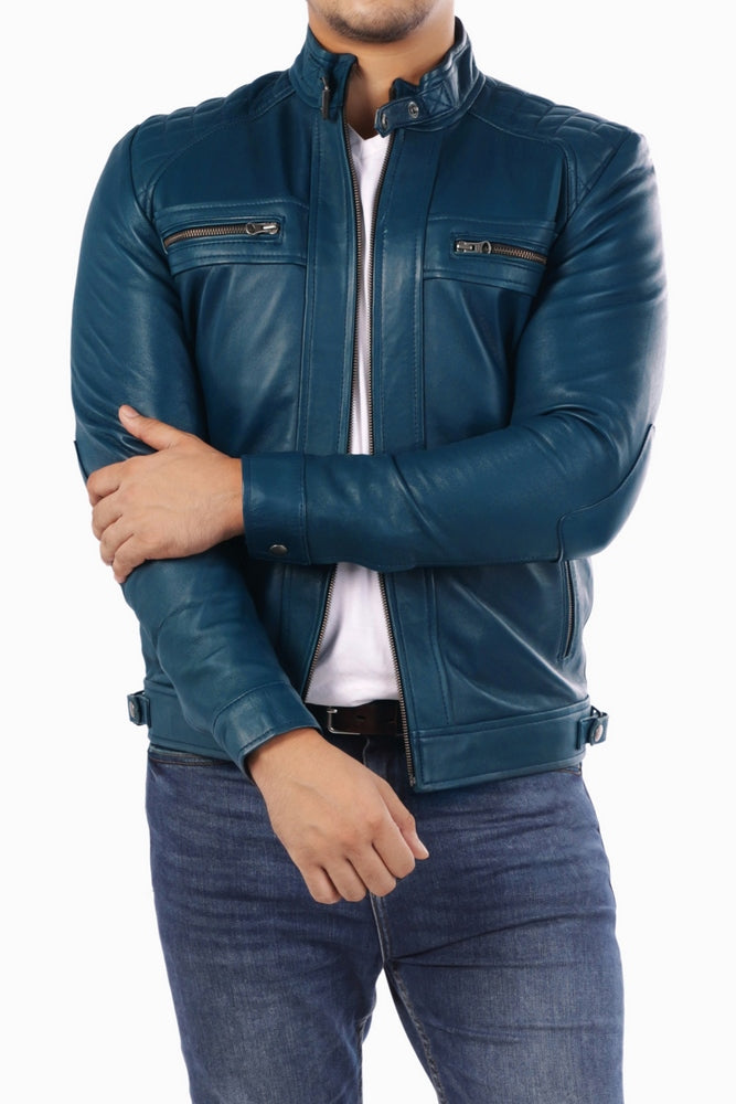 Men's Casual Signature Diamond Lambskin Leather Jacket Blue