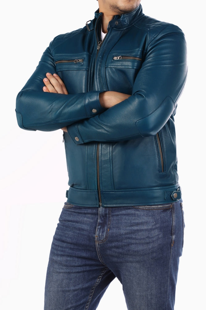 Men's Casual Signature Diamond Lambskin Leather Jacket Blue