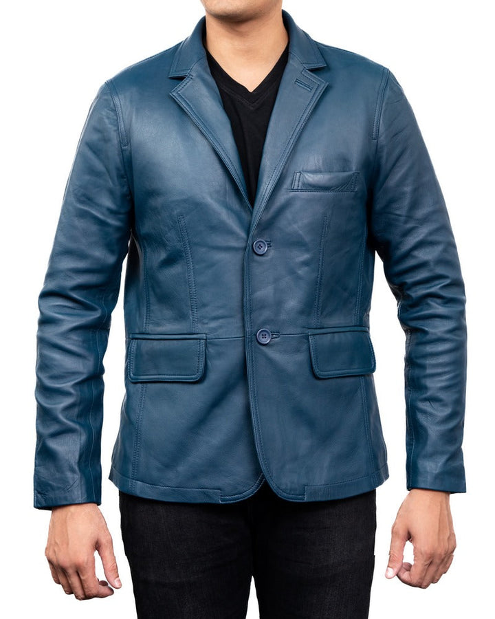 2 Button Men Lambskin Leather Blazer Blue