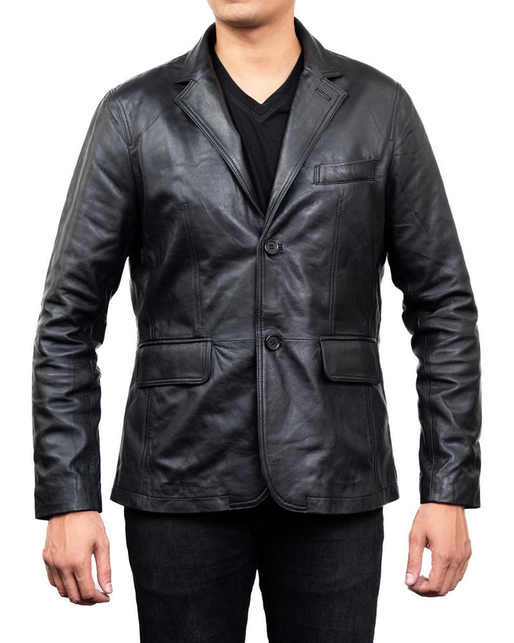 2 Button Men Lambskin Leather Blazer Black