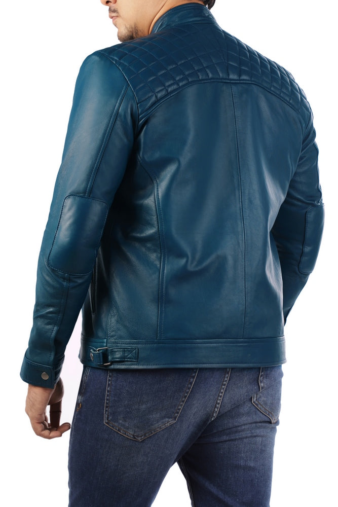 Men's Casual Signature Diamond Lambskin Leather Jacket Blue